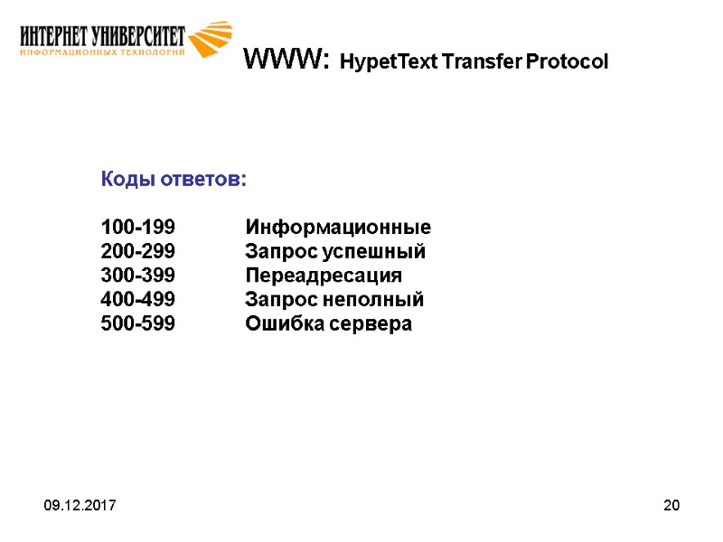 09.12.2017 20 WWW: HypetText Transfer Protocol Коды ответов:  100-199 Информационные 200-299 Запрос успешный